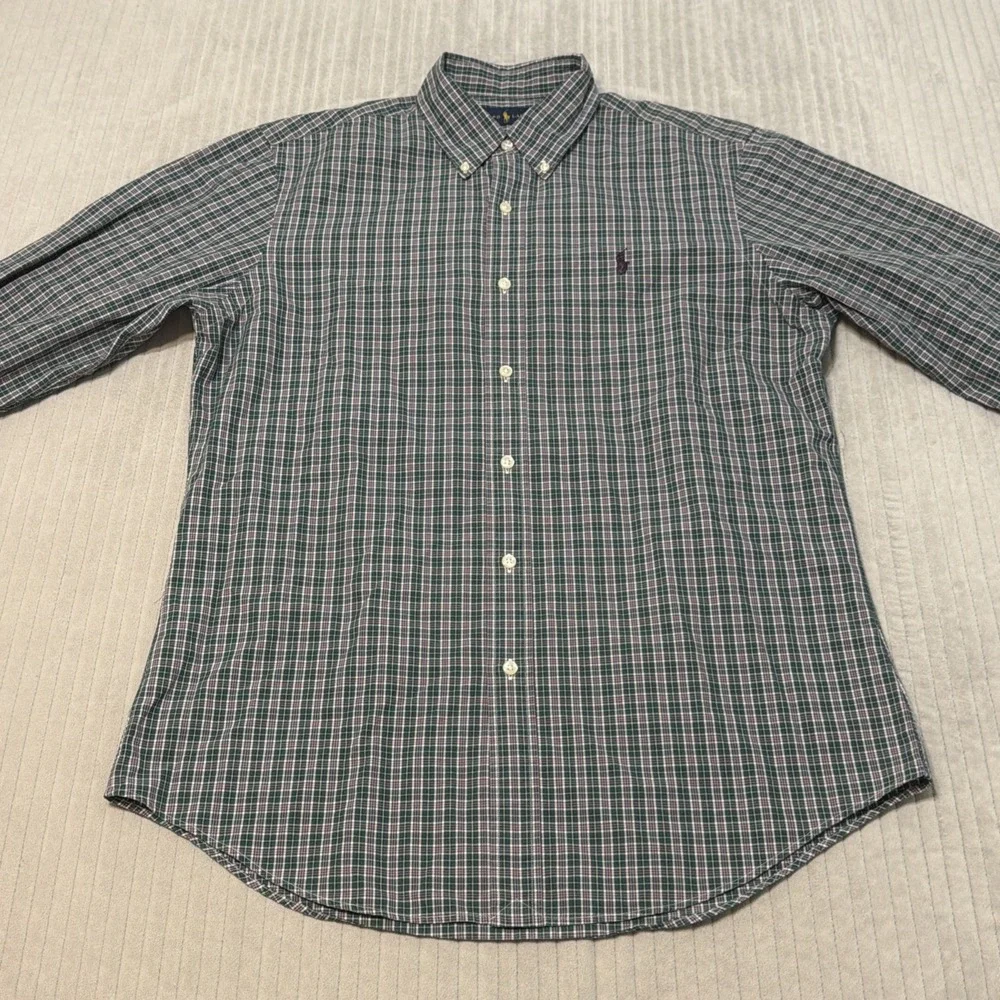 Polo Ralph Lauren Shirt Mens Medium Green Blue Plaid Classic Fit Button Down